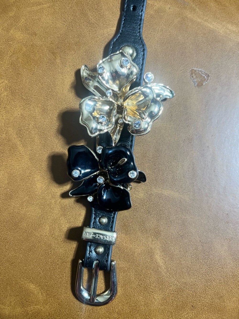 Versace for H&M Black Leather Bracelet with Gold & Black Floral Charms
